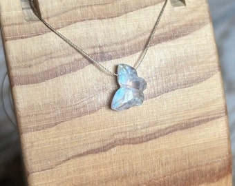 Dainty Rainbow Moonstone Carved Butterfly Necklace, White Gemstone, June Birthstone, Cord Necklace, Minimalist, Custom Lengths
