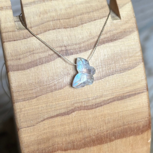 Rainbow Moonstone Carved Butterfly Necklace, White Gemstone, June Birthstone, Cord Necklace, Minimalist, Protection, Custom Lengths