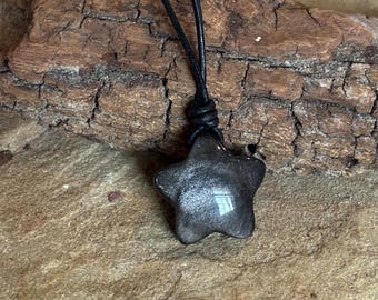 Silber Obsidian Puffy Stern Halskette, Lederband Halskette, silberfarbener Edelstein, Minimalist, kundenspezifische Längen