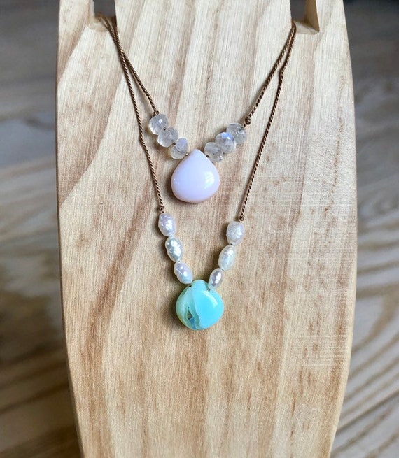 Peruvian Opal Cord Necklace, Minimalist, Pink, Blue, October Birthstone, Pink Stone, Blue Stone, Custom Lengths