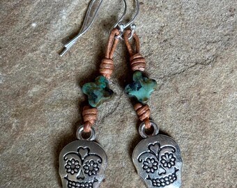 Day Of The Dead Earrings, Sugar Skull Earrings, Turquoise And Leather Earrings, Dia de los Muertos