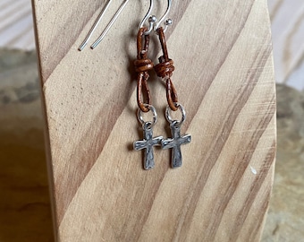 Distressed Brown Leather and Sterling Silver Cross Earrings, Hammered Silver, Boho