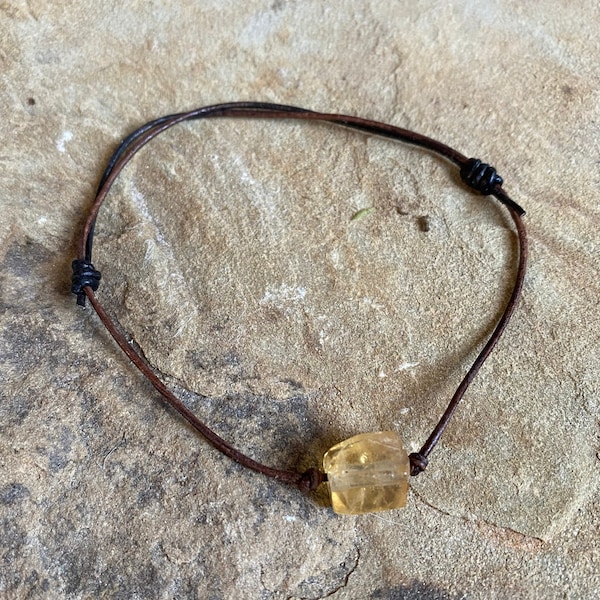 Raw Citrine And Leather Bracelet, November Birthstone, Minimalist, Mental Clarity And Well Being, Adjustable, Vegan Options