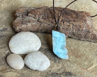 Raw Caribbean Larimar And Leather Choker Necklace, Minimalist, Custom Lengths, Gemstone Choice, Blue Gemstone