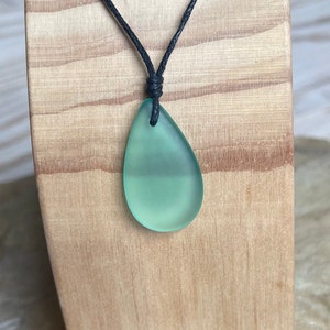 Sea Glass Teardrop Pendant, Beach Glass, Leather Cord Necklace, Summer Jewelry, Recycled Glass, Minimalist, Adjustable Necklace