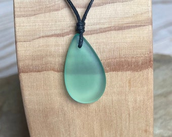 Sea Glass Teardrop Pendant, Beach Glass, Leather Cord Necklace, Summer Jewelry, Recycled Glass, Minimalist, Adjustable Necklace