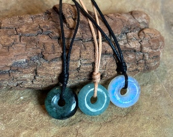 Mini Gemstone Donut Pendant, Moonstone,Aquamarine, Crystal Quartz, Obsidian, Emerald, Boho Jewelry, Custom Lengths, Adjustable
