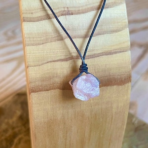 Raw Rose Quartz and Leather Crystal Choker Necklace, Pink Gemstone, Custom Length, Vegan Options, Adjustable Cord Necklace
