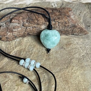 Green Moonstone Heart Necklace, Statement Necklace, Adjustable Leather Necklace, Emotional Balance, Love, Compassion