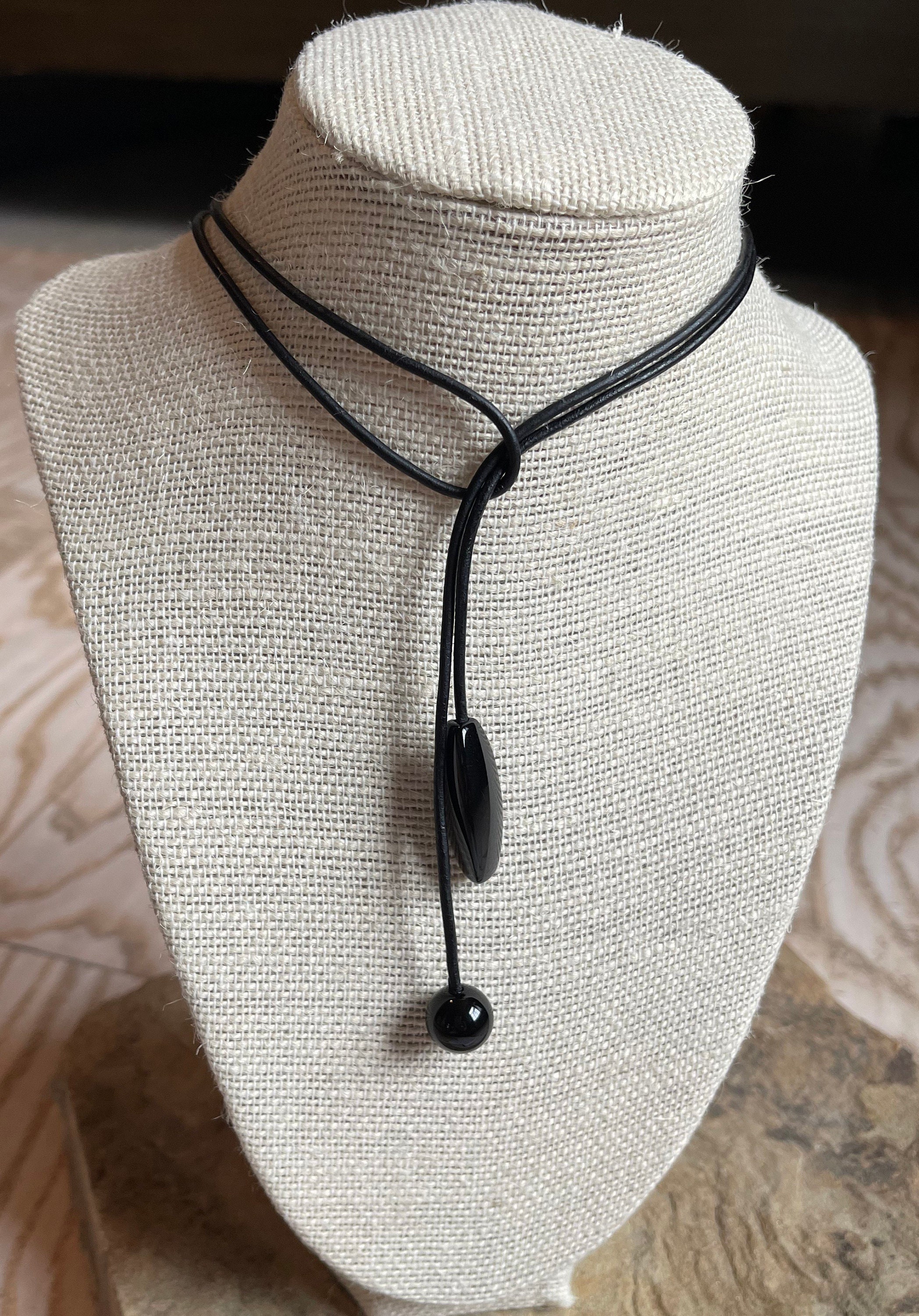 Black Onyx and Leather Choker Necklace Black Lariat Necklace | Etsy