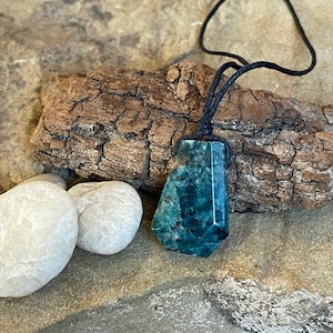 Raw Apatite Faceted Teardrop Necklace, Leather Cord Necklace, Minimalist, Blue Gemstone, Custom Lengths