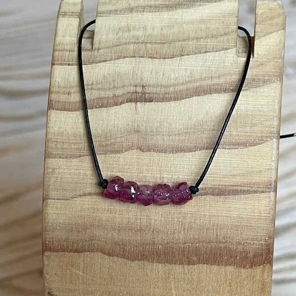 Raw Ruby Gemstone & Leather Necklace, July Birthstone, Red Gemstone, Raw Crystal, Minimalist, Custom Lengths