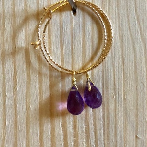 Amethyst Dangle, Gold Filled Sparkle Hoop Earrings, New