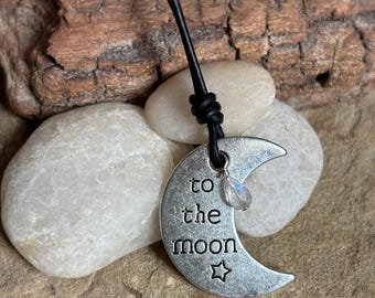 To The Moon Crescent Moon Necklace, Moonstone Necklace, Silver Necklace, Adjustable Leather Cord, Boho Jewelry