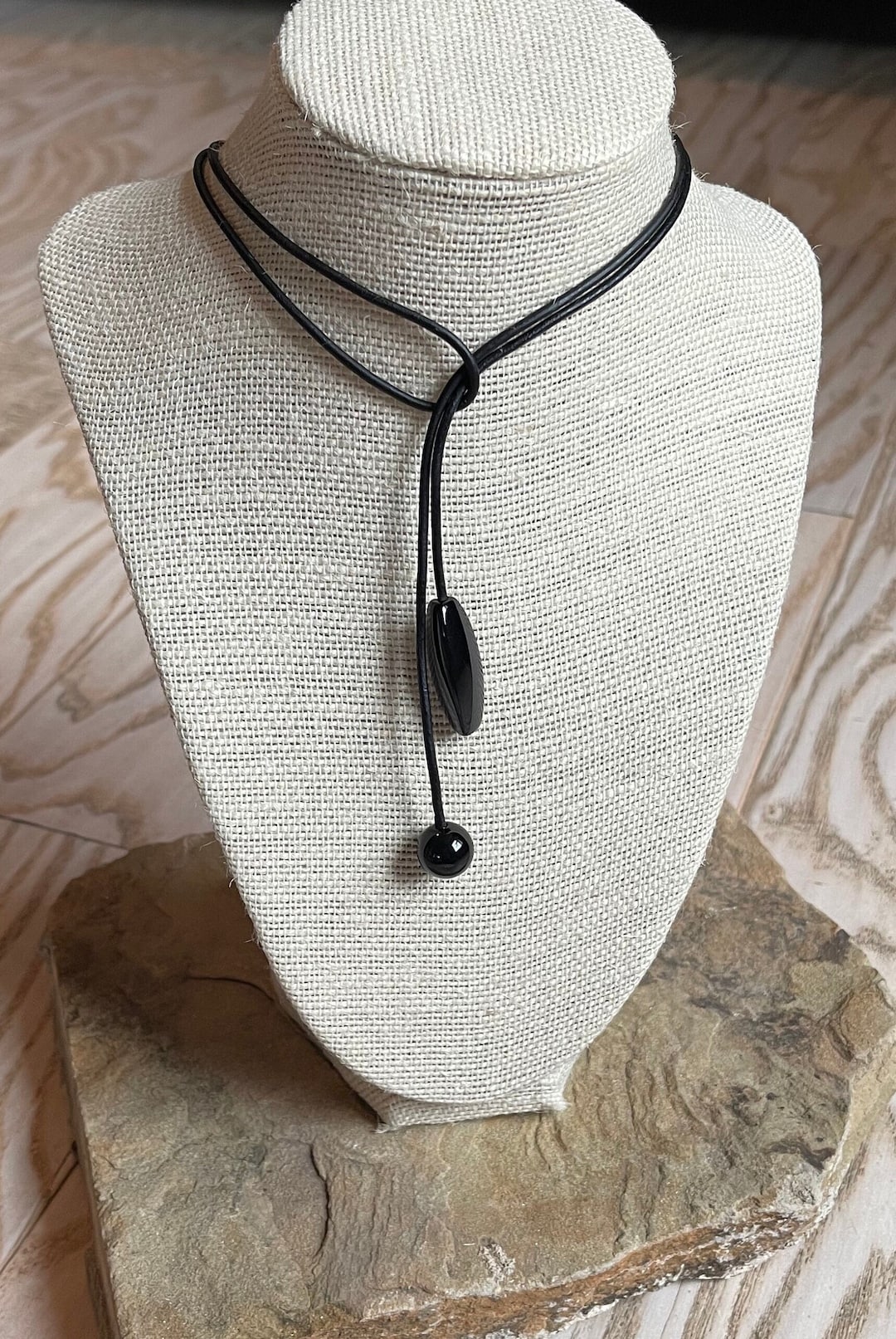 Black Onyx and Leather Choker Necklace, Black Lariat Necklace