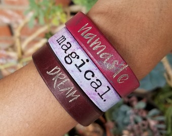 Personalized Leather Bracelet Handmade Custom Cuff 1/2 Inch Width, Choose Font and Colors, Engraved Bracelets, Gift Idea, Word Bracelet
