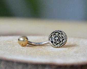 Flower of Life | Belly/Navel Bar | Surgical Steel | Brass & Sterling Silver