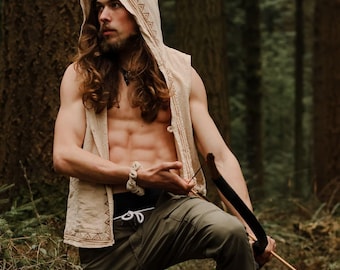 Forest Dweller Hooded Waistcoat Vest with Block Print | 100% Raw Cotton | One Size