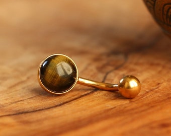 Tigers Eye Belly / Navel Bar | Gold Surgical Steel