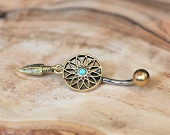 Dream Catcher with Turquoise | Belly/Navel Bar | Surgical Steel & Brass