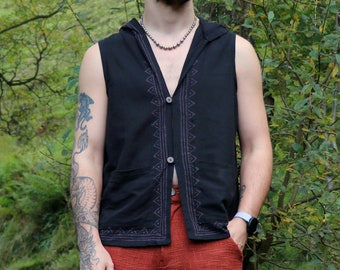 Forest Dweller Hooded Waistcoat Vest with Block Print | 100% Raw Cotton | One Size