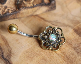 Mandala Flower with White Opal | Belly/Navel Bar | Surgical Steel & Brass