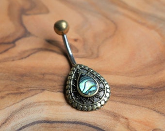 Abalone Droplet | Surgical Steel & Brass Belly Ring | Navel Bar