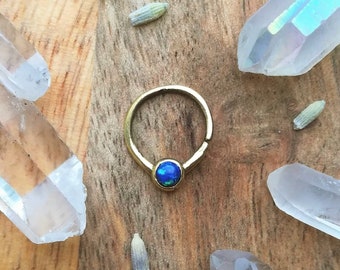 Blue Opal | Brass Septum Ring | 1.2mm / 16 gauge