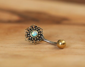 Opal Mandala Flower | Belly/Navel Bar | Surgical Steel + Brass