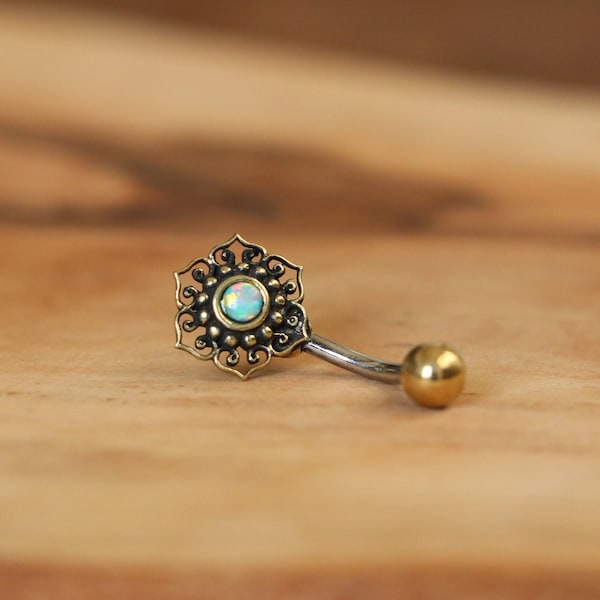 Opal Mandala Flower | Belly/Navel Bar | Surgical Steel + Brass