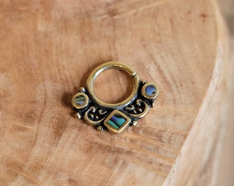 Ornate Abalone Shell Brass Septum Ring | 1mm / 18 gauge