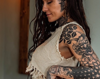 Tassel Earthy Crop Top | Raw Cotton | Forest Green | Rust Red