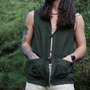 Forest Dweller Hooded Waistcoat Vest with Block Print | 100% Raw Cotton | One Size