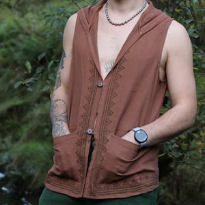 Forest Dweller Hooded Waistcoat Vest with Block Print | 100% Raw Cotton | One Size