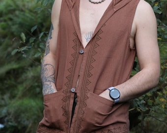Forest Dweller Hooded Waistcoat Vest with Block Print | 100% Raw Cotton | One Size