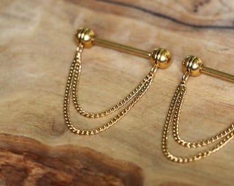 Nipple Bar with Single or Double Chain | Gold PVD |  12mm, 14mm & 16mm