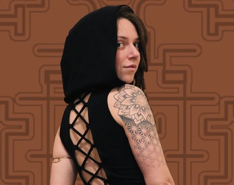 Lace Up Back Top with Shipibo Patterned Hood