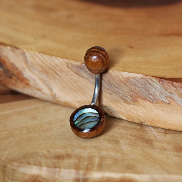 Abalone + Wood  | Surgical Steel | Navel Bar / Belly Ring