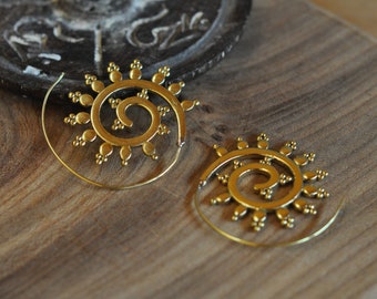 Indian Flower Spirals | Brass Tribal Earrings | Boho Hippy Festival Style | Shakti Tribe