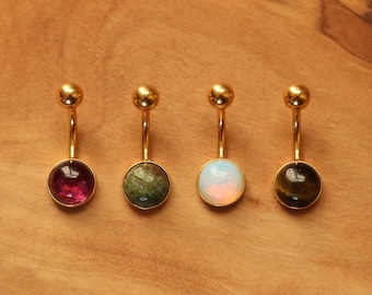 Gold Surgical Steel Belly Bars | 4 Different Crystal Options | African Jade | Opalite | Amethyst | Tigers Eye