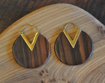 Circle Wood + Brass Earrings