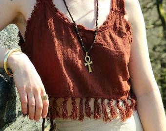 Tassel Earthy Crop Top | Raw Cotton | Rust Red | Forest Green