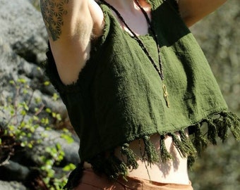 Tassel Earthy Crop Top | Raw Cotton | Forest Green | Rust Red
