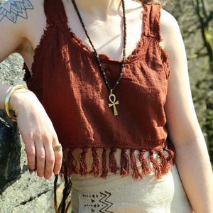 Tassel Earthy Crop Top | Raw Cotton | Rust Red | Forest Green