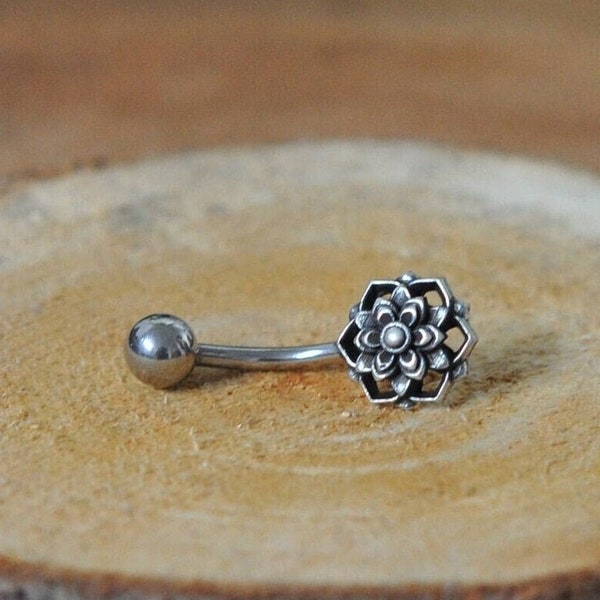 Mandala Flower | Belly/Navel Bar | Surgical Steel | 925 Sterling Silver & Brass