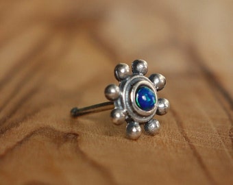 Indian Flower Nose Stud with Blue Opal or Onyx | Indian Style | Nose Stud / Bone | Brass