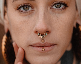 Ornate Abalone Shell Brass Septum Ring | 1mm / 18 gauge