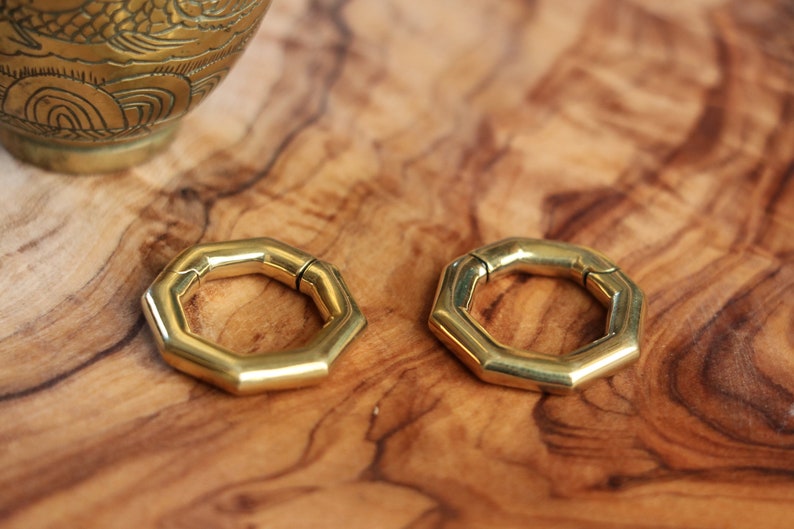 Octagon Brass Ear Weights Strong Magnetic Clasp 6mm / 2 Gauge image 2