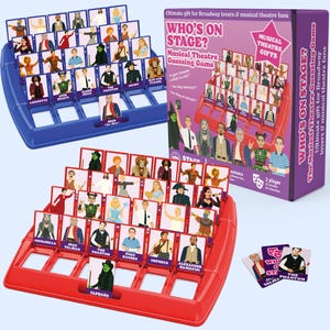 May include: A Who's On Stage? musical theatre guessing game set featuring a purple box, a blue game board, a red game board, and character cards. The box displays the game title, illustrations of various characters, and text details.