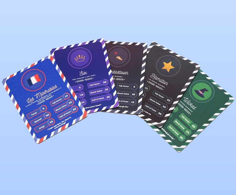 Musical Theatre Game Cards Spread - Broadway Gift - Les Miserables, Six The Musical, Hadestown, Hamilton and Wicked